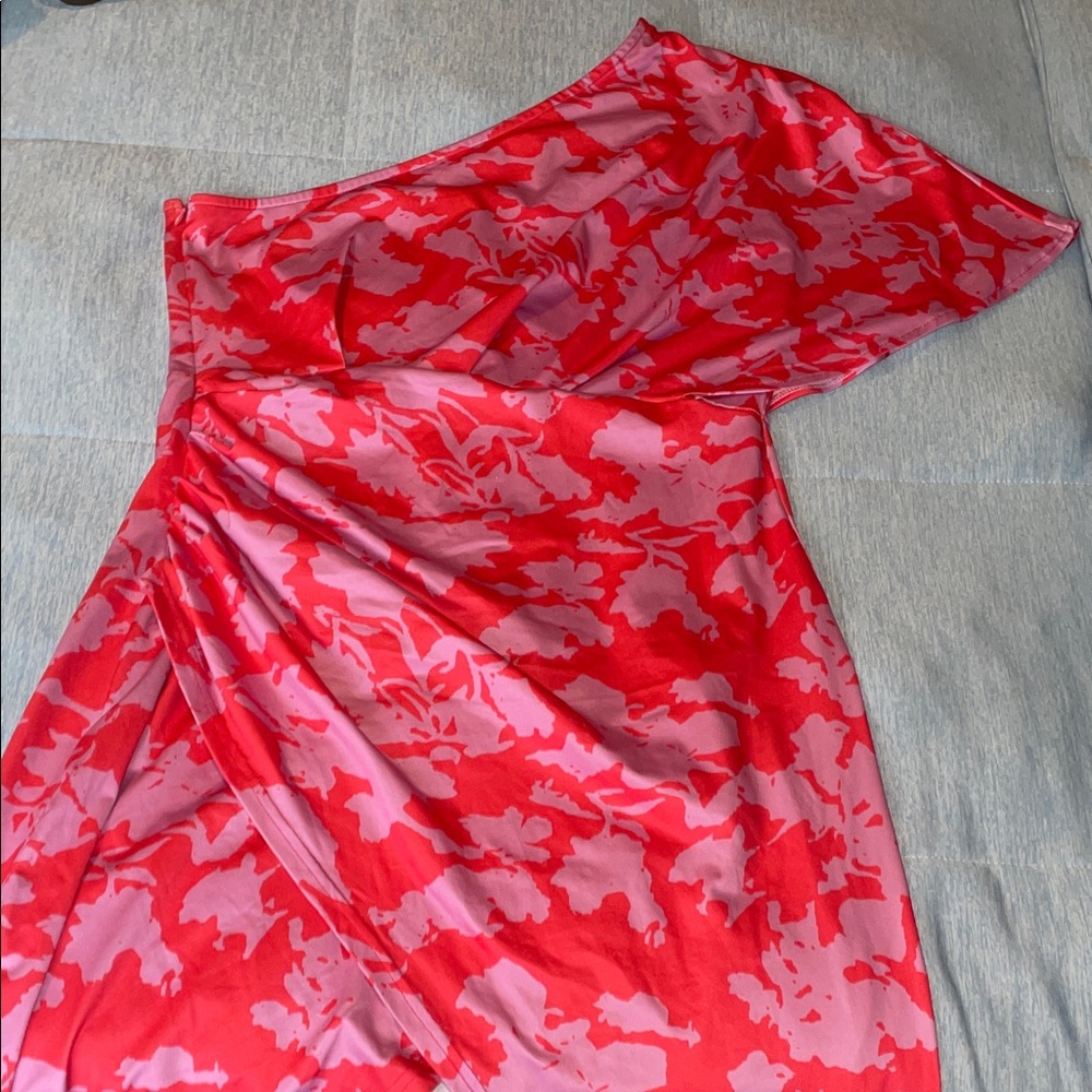 Red and Pink Floral One-Shoulder Dress